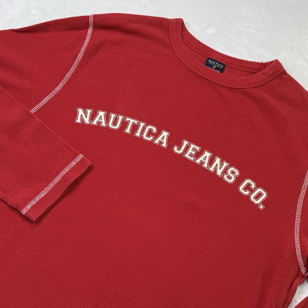 VTG Y2K Nautica Jeans Co Mens M Red Thermal Waffle Knit Long Sleeve Spellout